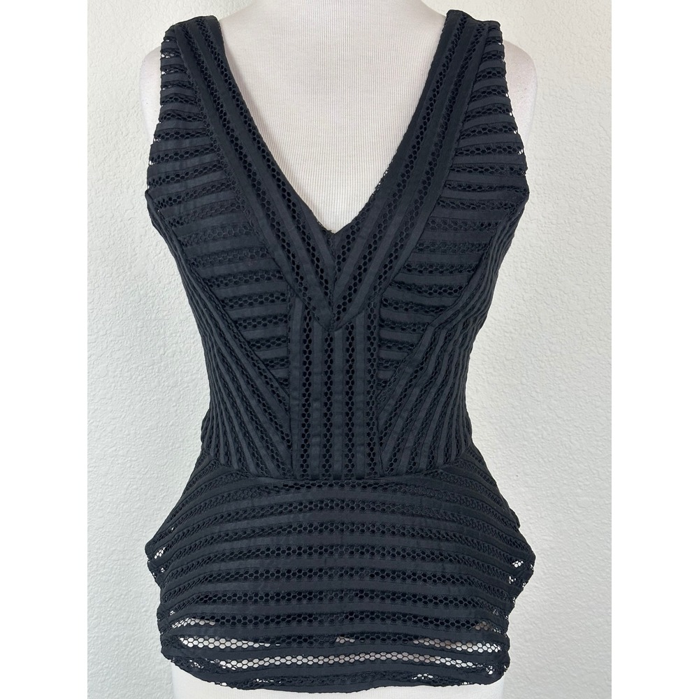 GUESS Matilda Shadow‎ Mesh Peplum Top Black Sheer Lace V Neck Size S